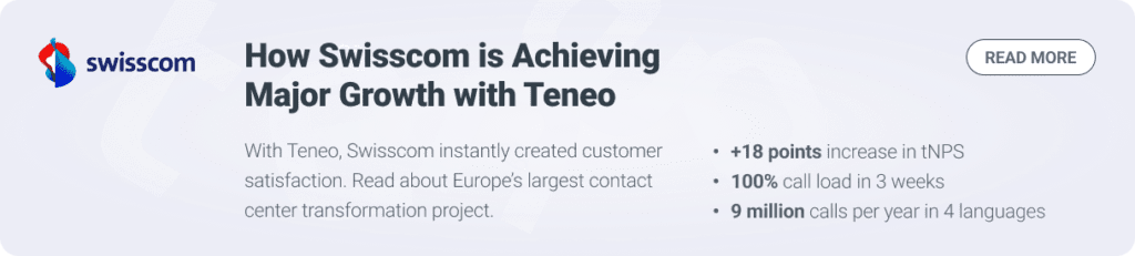 Image showing the impact of introducing Teneo AI Agents to Swisscom's contact center, which now is one of the biggest use cases in the world.