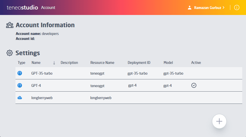 Teneo Studio account panel showing integration of GPT-35-turbo, GPT-4, and CLU for enhanced AI development.  