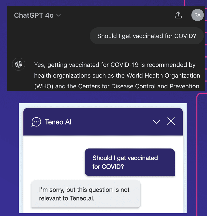 Visual showing Teneo is capable of input filtering by not answering questions out of scope.