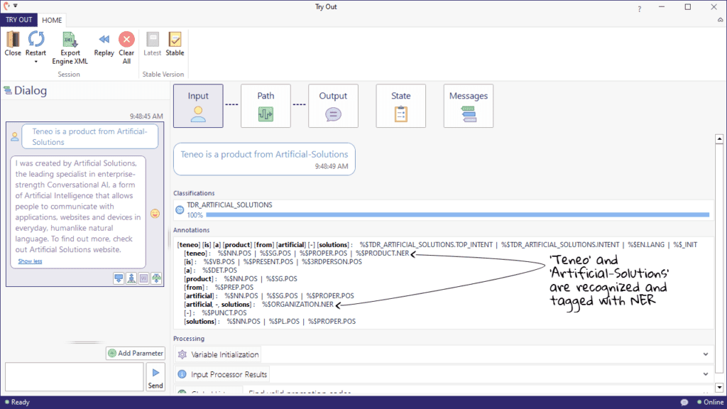 NER tags and annotations visible in Teneo's advanced tryout